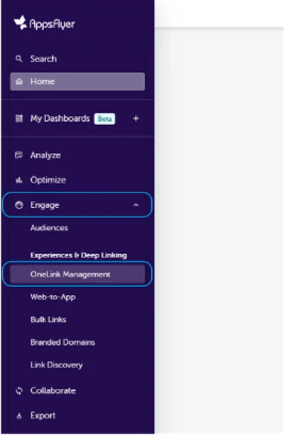 Навигация к OneLink Management в AppsFlyer