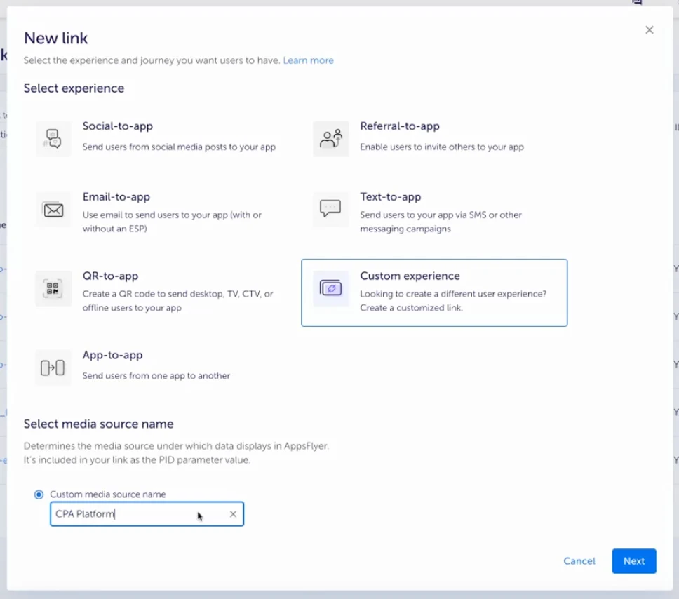Выбор Custom experience и указание названия источника в AppsFlyer