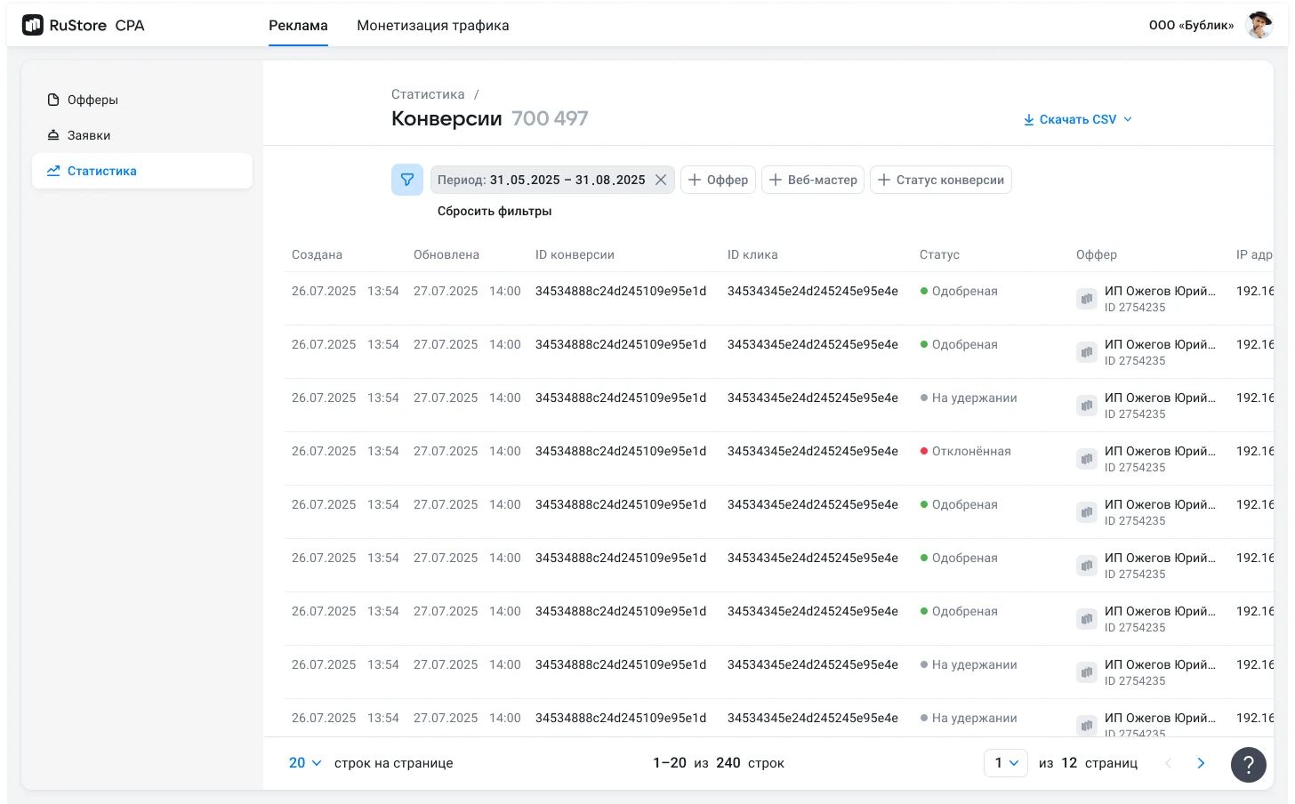 Список конверсий в статистике рекламодателя