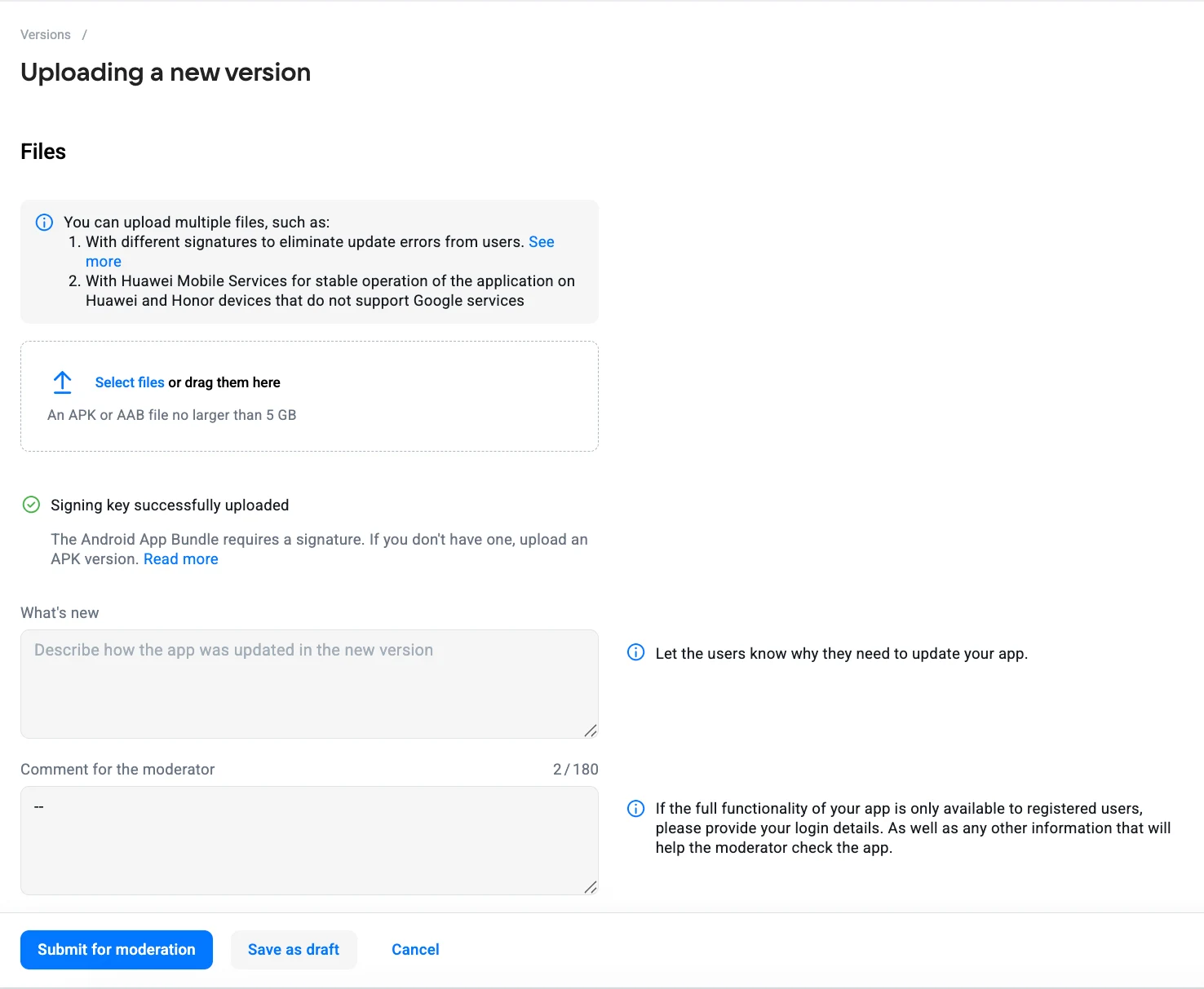 New version upload page