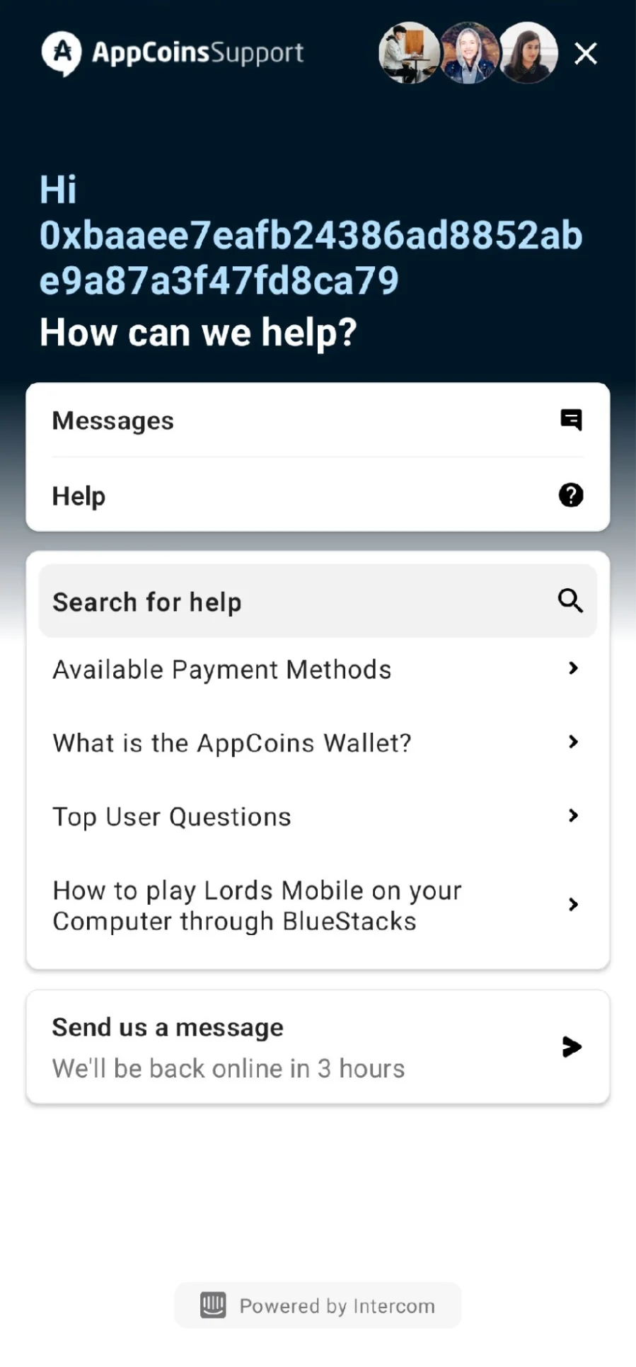 Кнопка Send us a message в AppCoins Wallet